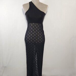 Misty Rose Women's Size Medium Black One Shoulder Sheer Lace Slit Slip Dress